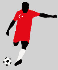 UEFA Euro 2016 vector illustration of football player run hit ball. Group D participant. Soccer team player in uniform with Turkey state national flag original colors. Flat graphic design clip art