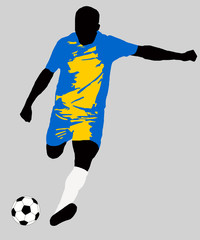 UEFA Euro 2016 vector illustration of football player run hit ball. Group C participant. Soccer team player in uniform with Ukraine state national flag original colors. Flat graphic design clip art