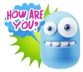3d Rendering Smile Character Emoticon Expression saying How Are