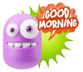3d Rendering Smile Character Emoticon Expression saying Good Mor