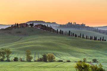Beautiful morning scene at sunrise in Crete Senesi, Tuscany, Italy