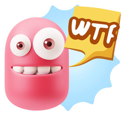 3d Rendering Smile Character Emoticon Expression saying WTF with