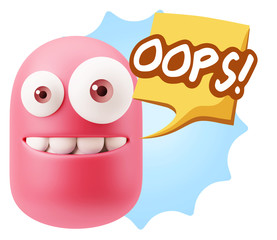 3d Rendering Smile Character Emoticon Expression saying Oops wit