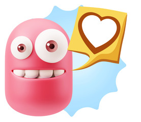 3d Rendering Smile Character Emoticon Expressing Love with a Hea