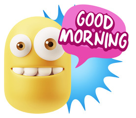 3d Rendering Smile Character Emoticon Expression saying Good Mor