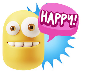 3d Rendering Smile Character Emoticon Expression saying Happy wi