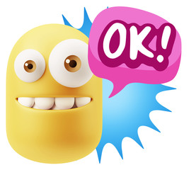 3d Rendering Smile Character Emoticon Expression saying Ok with