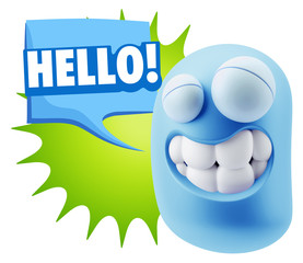 3d Rendering Smile Character Emoticon Expression saying Hello wi