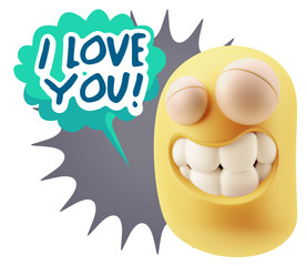 3d Rendering Smile Character Emoticon Expression saying I Love Y