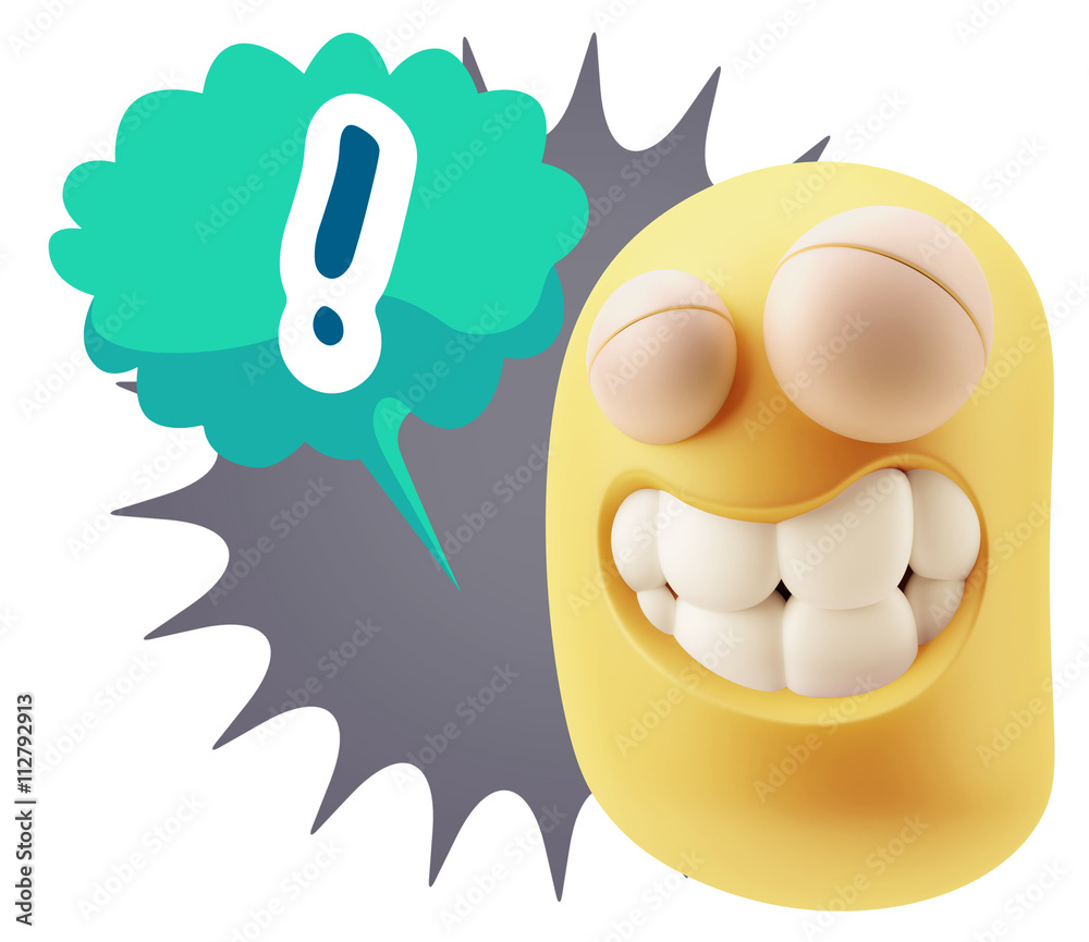 Poster 3d rendering smile character emoticon expression saying ! with c