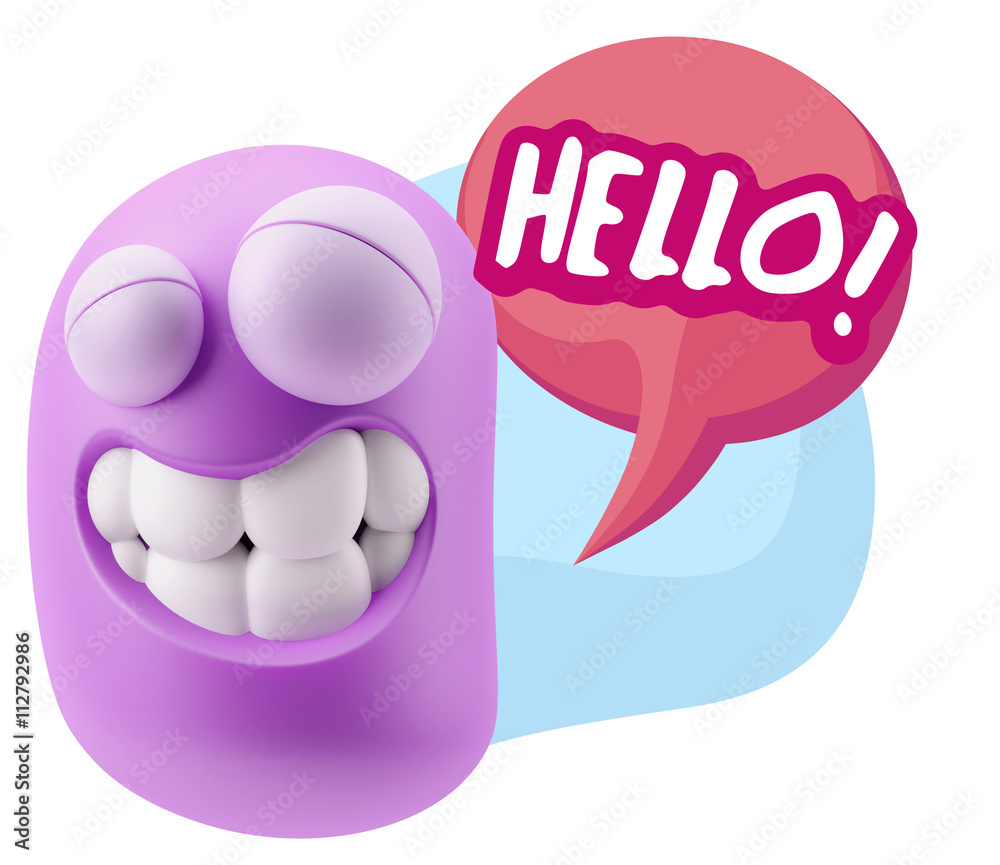 Poster 3d rendering smile character emoticon expression saying hello wi