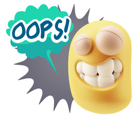 3d Rendering Smile Character Emoticon Expression saying Oops wit