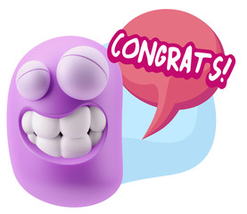 3d Rendering Smile Character Emoticon Expression saying Congrats