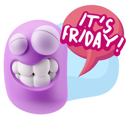 3d Rendering Smile Character Emoticon Expression saying It's Fri