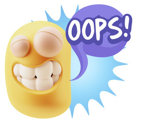 3d Rendering Smile Character Emoticon Expression saying Oops wit