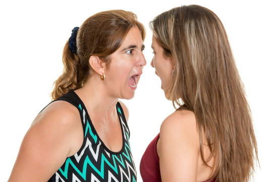 Angry mother and her teenage daughter yelling at each other