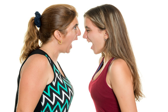 Angry mother and her teenage daughter yelling at each other