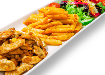 pasta with meat, mushrooms and vegetables