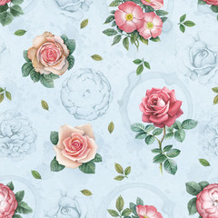 Watercolor rose flowers illustration. Seamless pattern