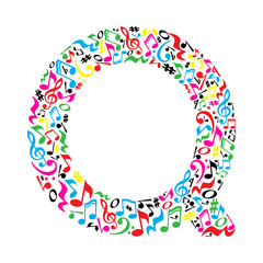 Q letter made of colorful musical notes on white background. Alphabet for art school. Trendy font. Graphic decoration.