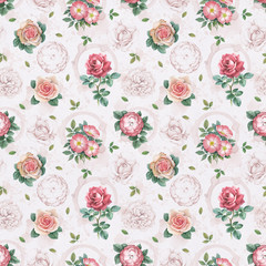 Watercolor rose flowers illustration. Seamless pattern