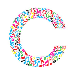 C letter made of colorful musical notes on white background. Alphabet for art school. Trendy font. Graphic decoration.