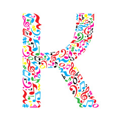 K letter made of colorful musical notes on white background. Alphabet for art school. Trendy font. Graphic decoration.