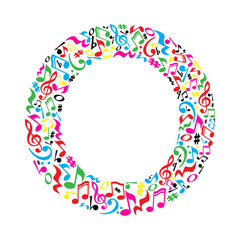 O letter made of colorful musical notes on white background. Alphabet for art school. Trendy font. Graphic decoration.