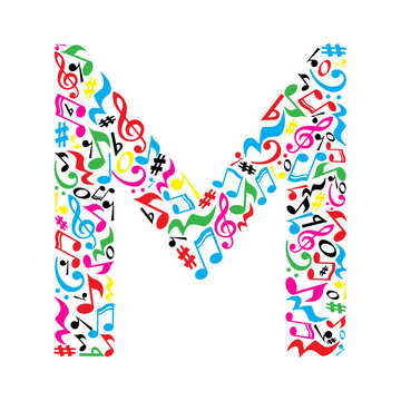 M letter made of colorful musical notes on white background. Alphabet for art school. Trendy font. Graphic decoration.