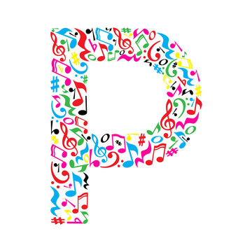 P letter made of colorful musical notes on white background. Alphabet for art school. Trendy font. Graphic decoration.