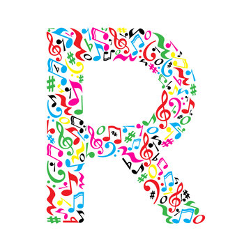 R letter made of colorful musical notes on white background. Alphabet for art school. Trendy font. Graphic decoration.