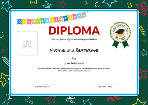 Colorful diploma certificate for kids on green chalk board with photo space