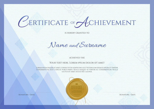 Certificate of achievement template with blue modern theme with applied Thai line background 