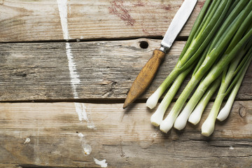 bunch of fresh young green spring onion on a simple wooden background in rustic style