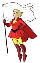 Hand drawn cartoon illustration of a flying super lady with a blank flag in her hand