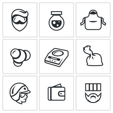 Vector Set of Drug Dealer Labs Icons. Laboratory, methamphetamine, manufacture, synthesis, dosage, dose, police, selling, sentence.