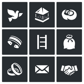 Vector Set of Dovecote Icons. Pigeon feeders, nest ring, shackles, stairs, sack, wedding, postal, friendship.