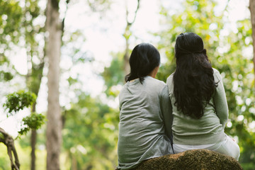 Rear view of two female friends resting in park