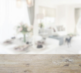 wooden table top with blur of dining table continue to living area
