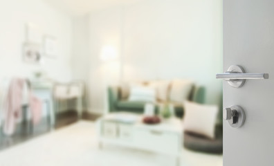 opened white door to living room in modern interior style