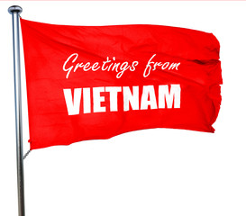 Greetings from vietnam, 3D rendering, a red waving flag