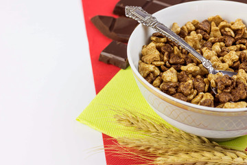 breakfast background, fruit, chocolate and Cereal on table