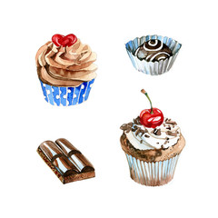 Watercolor hand drawn pieces of chocolate, cupcakes and sweetc. Isolated sweet food illustration on white background