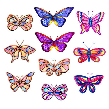 Collection watercolor of flying butterflies on white background