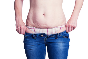 Naklejka premium Fat womann trying wear jeans