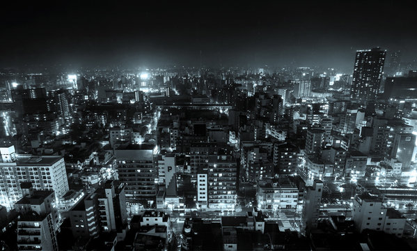 Business Concept For Real Estate And Corporate Construction - Panoramic Modern City Skyline Bird Eye Aerial View With Night Sky In Osaka, Japan