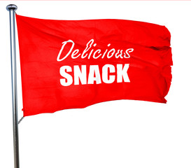 Delicious snack sign, 3D rendering, a red waving flag