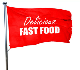 Delicious fast food, 3D rendering, a red waving flag