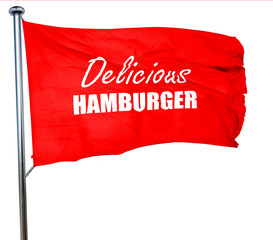 Delicious hamburger sign, 3D rendering, a red waving flag