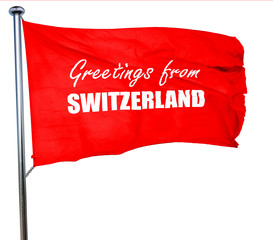 Greetings from switzerland, 3D rendering, a red waving flag